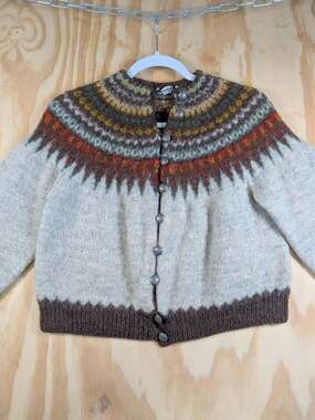 Vintage Wool Cardigan Sweater William Schmidt Fair Isle Pewter Buttons S/M